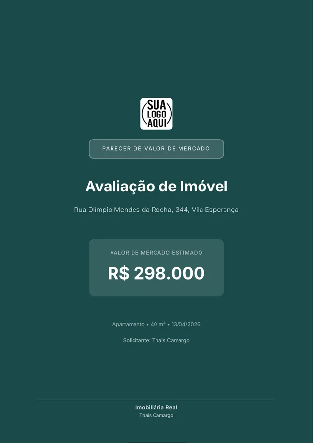 Capa do laudo de exemplo: logo e nome do responsável, endereço do imóvel e valor de mercado